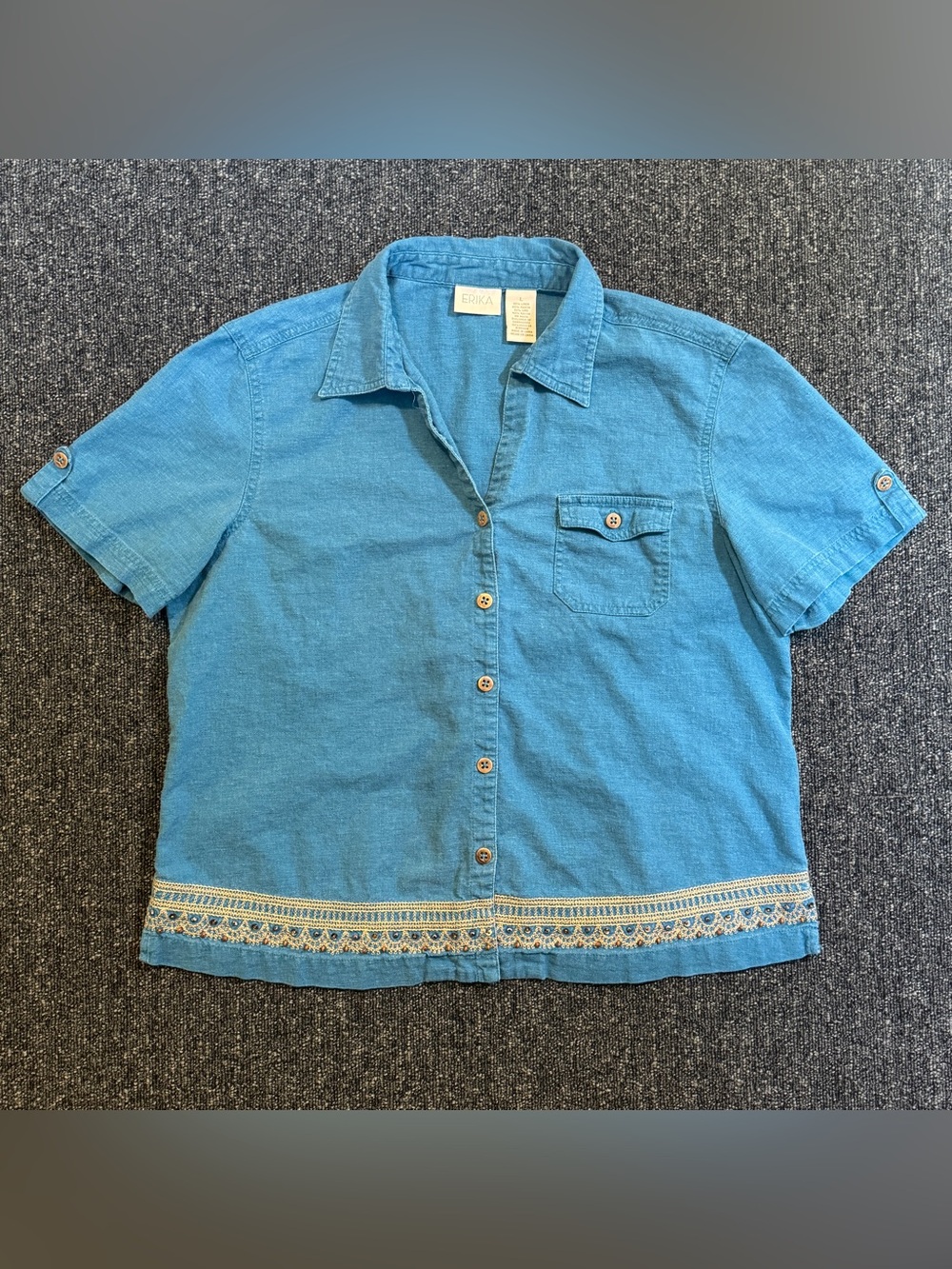 VTG Erika Linen Blend Blue Embroidered Boho Button Up Short Sleeve Shirt Sz L